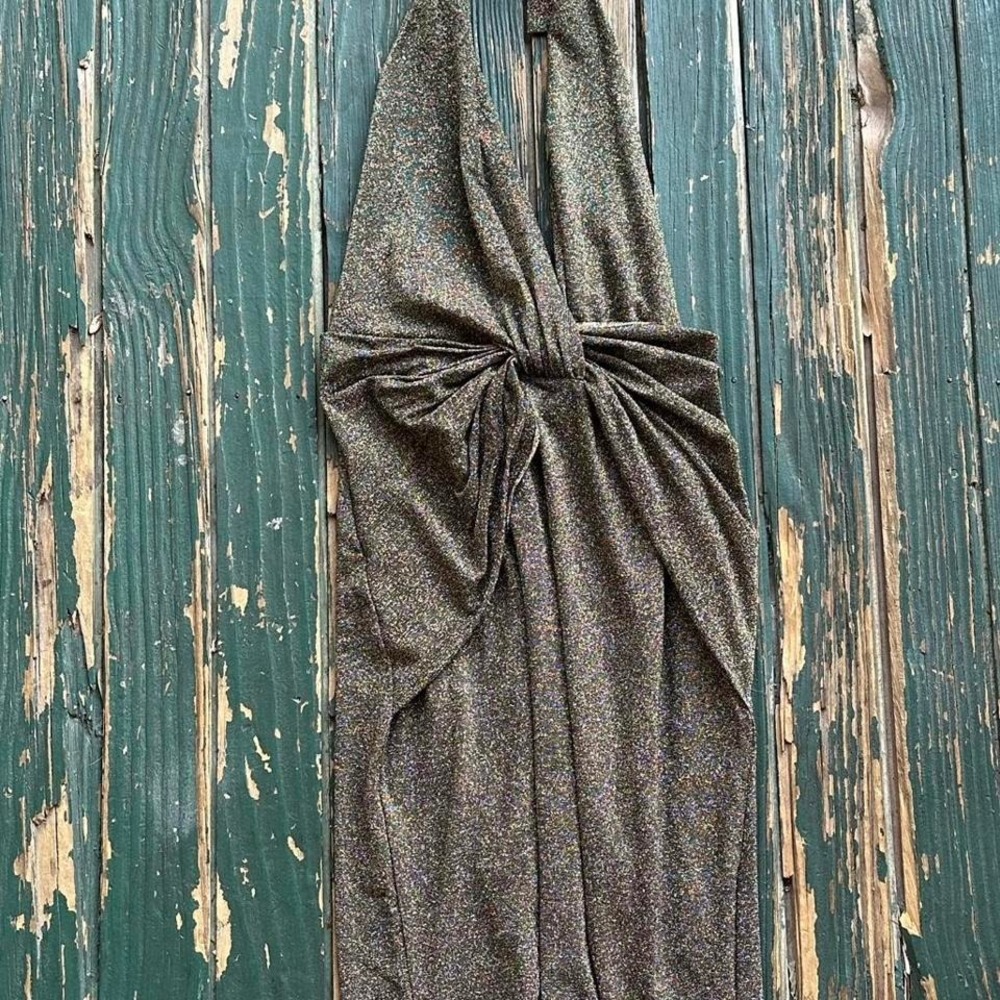Venus black sequin maxi dress with halter neck and tie back detail. Size: S